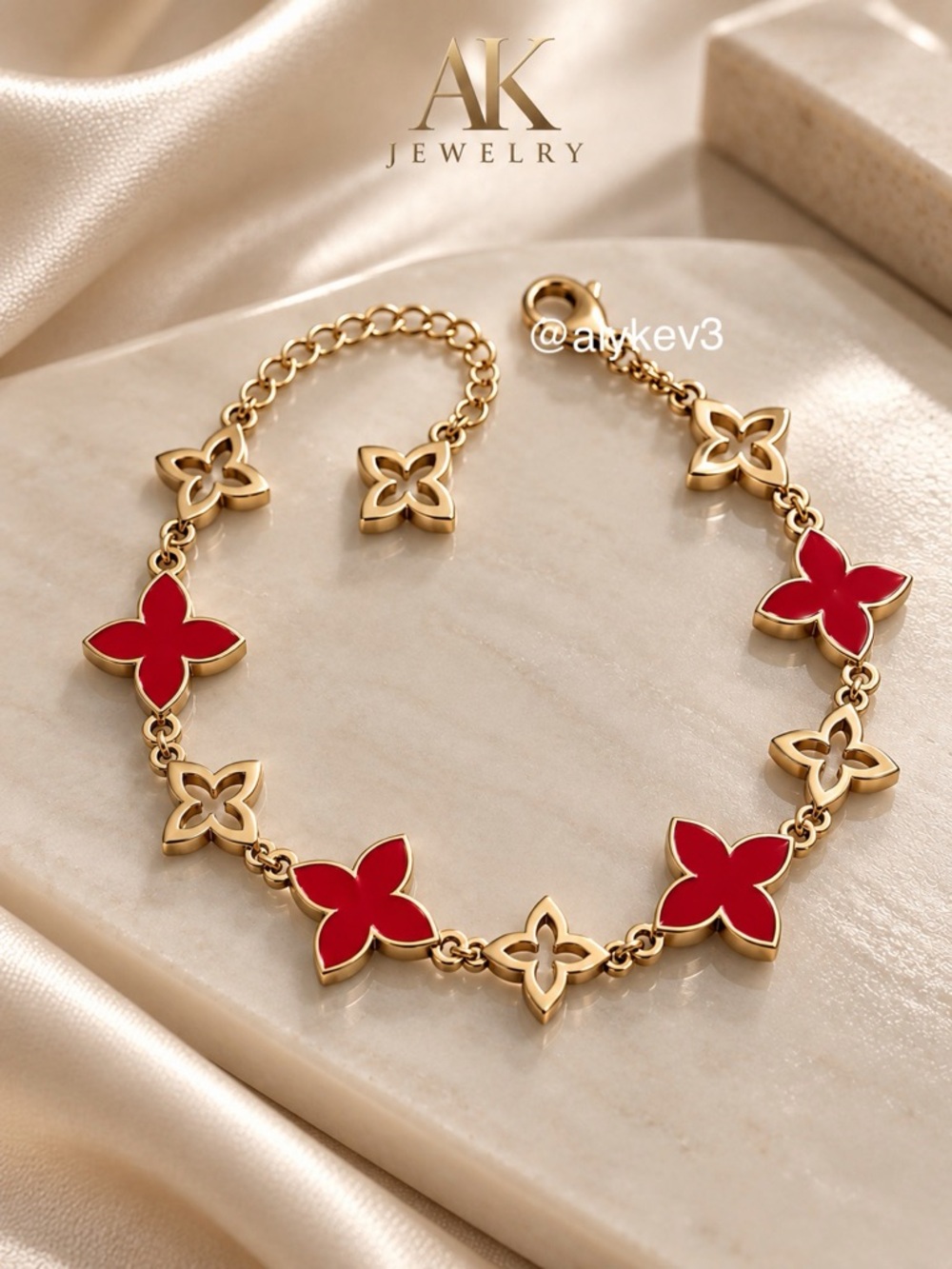 💎LUXURY Red & Gold Clover Floral Bracelet Motiff Accents | by AK Jewelry™ |